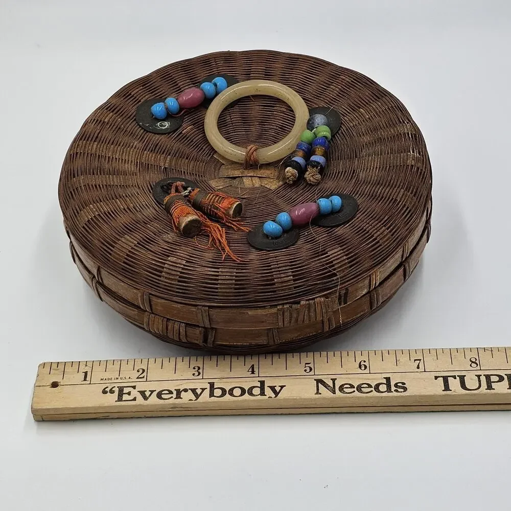 VTG 1950s Chinese Wicker Bamboo Sewing Basket w Colorful Beads Jadeite Tassels